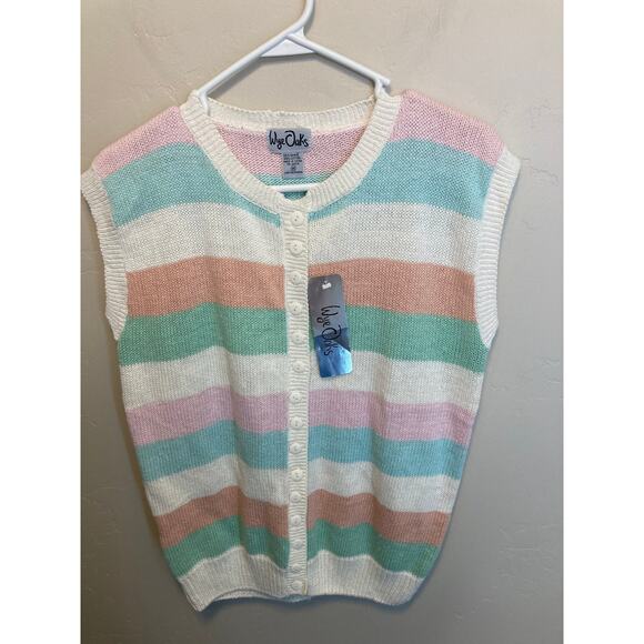 Wye Oaks 90's Vintage Pastel Striped Sleeveless Button Up Sweater Size Medium - Picture 5 of 8